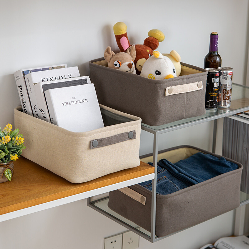 帆布艺收纳筐桌面杂物收纳盒小篮子茶几零食收纳框玩具棉麻收纳篮 灰色大号41*31/15h